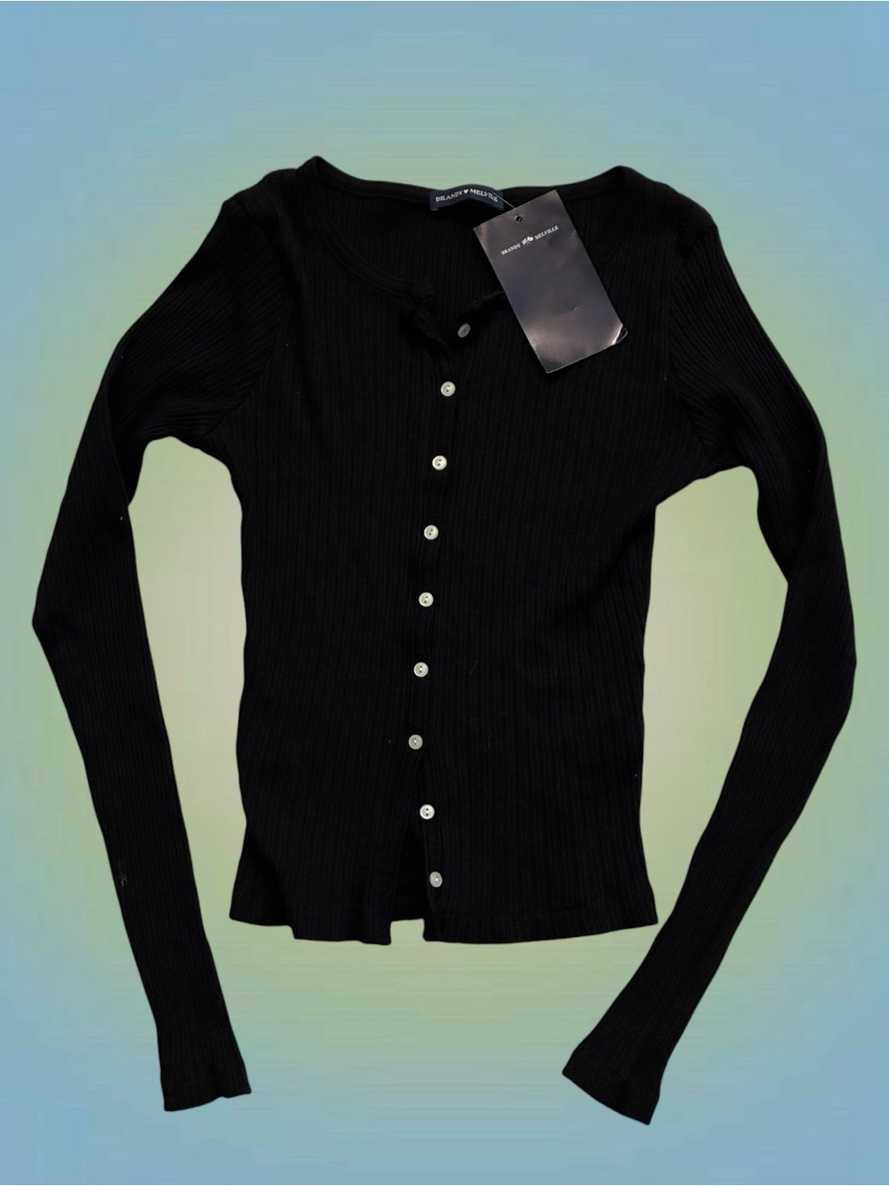 Brandy Melville Black Ribbed Button-Front Long Sleeve Top